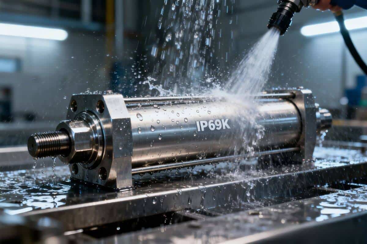 Xi lanh inox đạt chuẩn IP69K chịu được vòi xịt nước áp lực cao khi vệ sinh máy đóng gói.