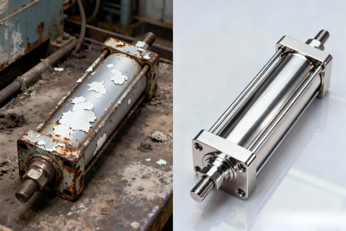 So sánh xi lanh nhôm bị rỉ sét và xi lanh inox 304 sáng bóng trong môi trường hóa chất.