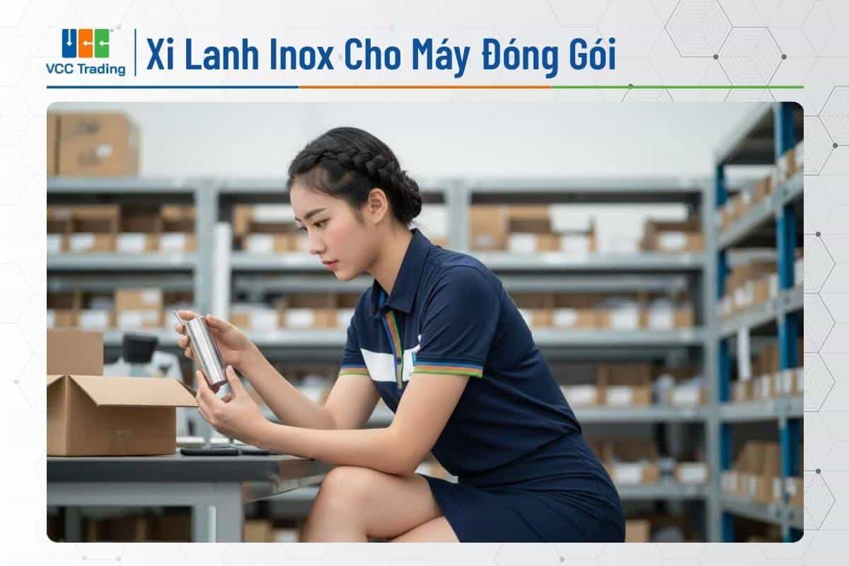 Nữ nhân viên VCCTrading đang xem xét xi lanh inox