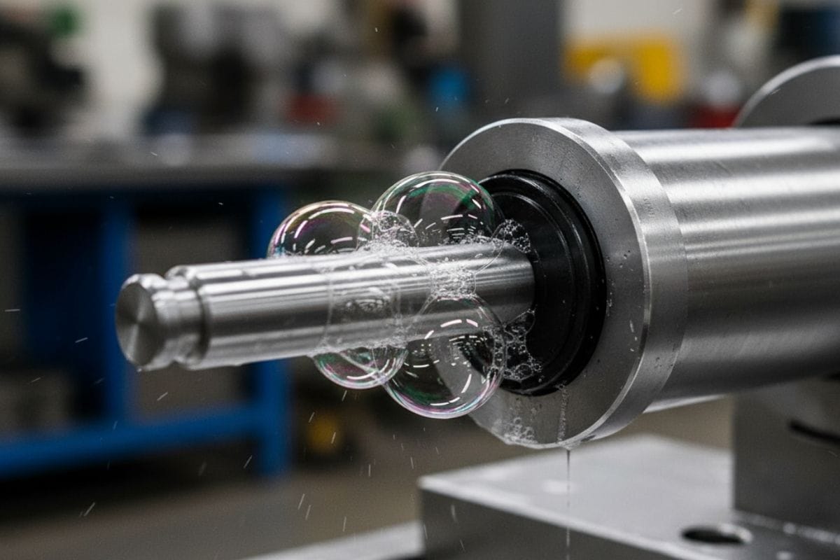 Hình ảnh bọt xà phòng sủi lên do rò rỉ khí ở phớt cổ xi lanh.