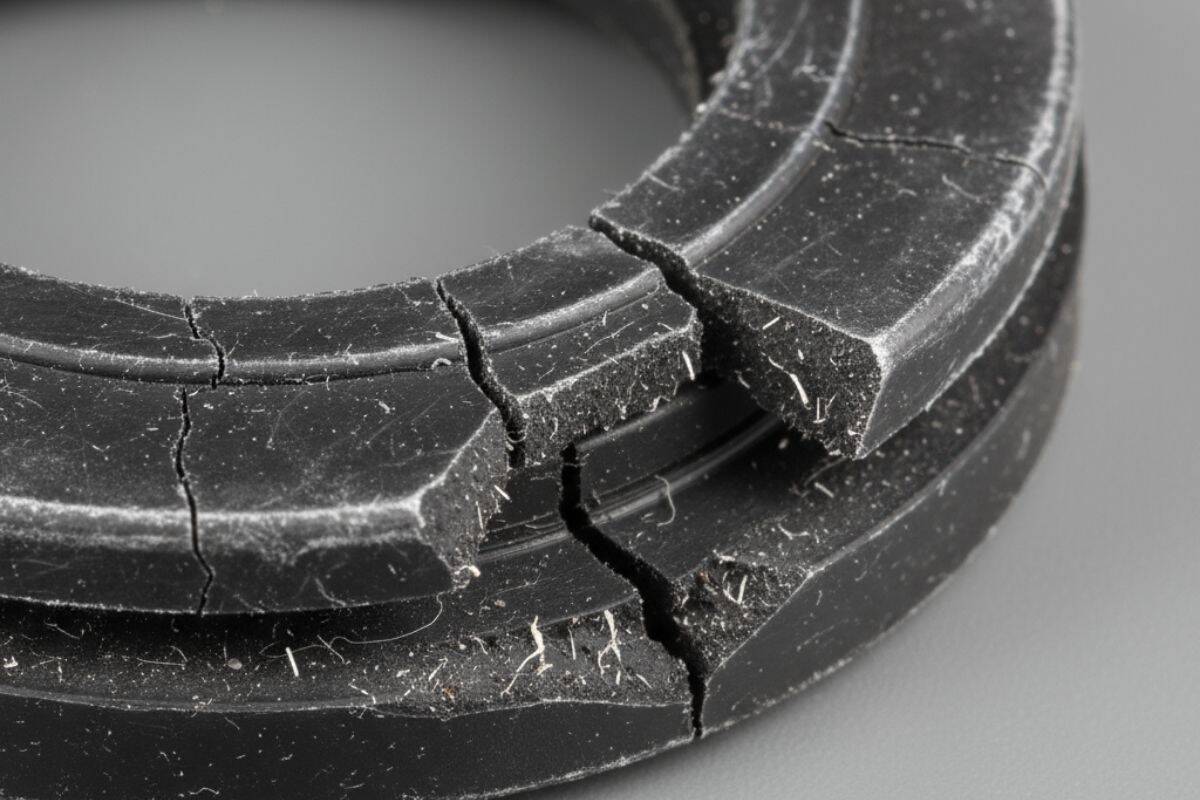 Cận cảnh phớt pít-tông (piston seal) của xi lanh khí nén bị mòn rách.