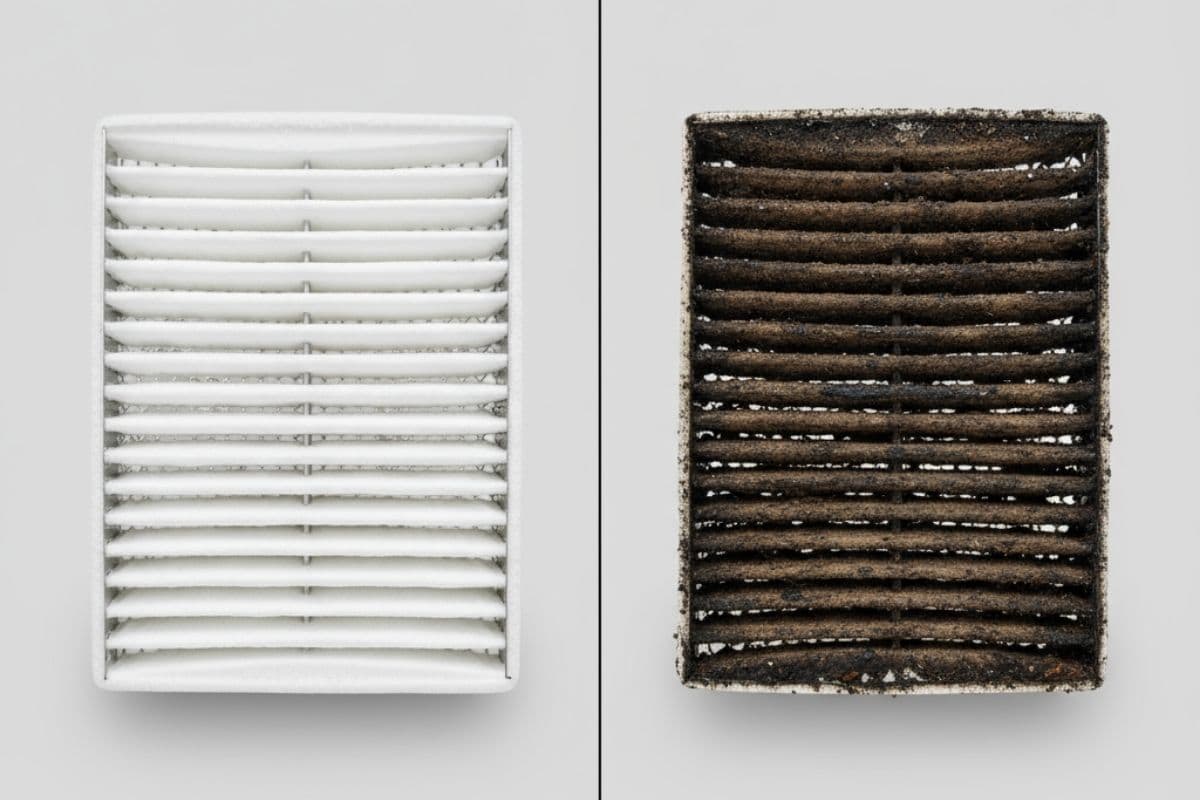 Lõi lọc khí nén bị tắc nghẽn, bám đầy bụi bẩn và dầu cặn.