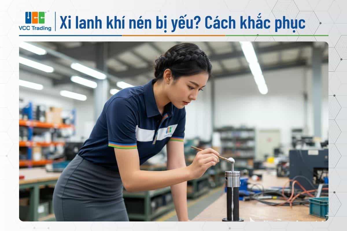 Nữ kỹ sư dùng nước xà phòng kiểm tra rò rỉ khí xi lanh.