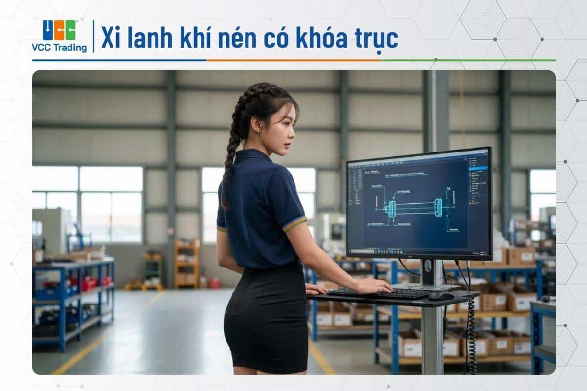 Nữ nhân viên VCCTrading giới thiệu giải pháp xi lanh khí nén có khóa trục an toàn