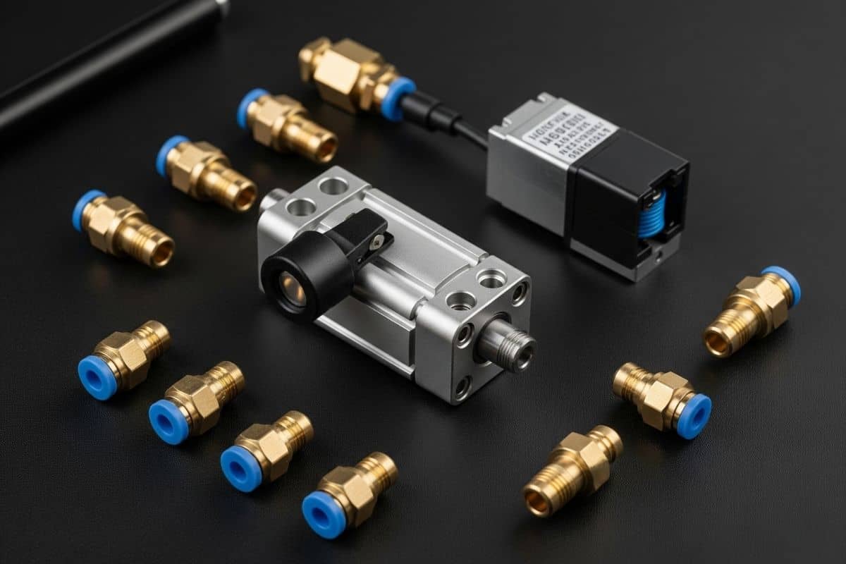 Các phụ kiện quan trọng cho xi lanh mini: cảm biến, van điện từ, đầu nối.