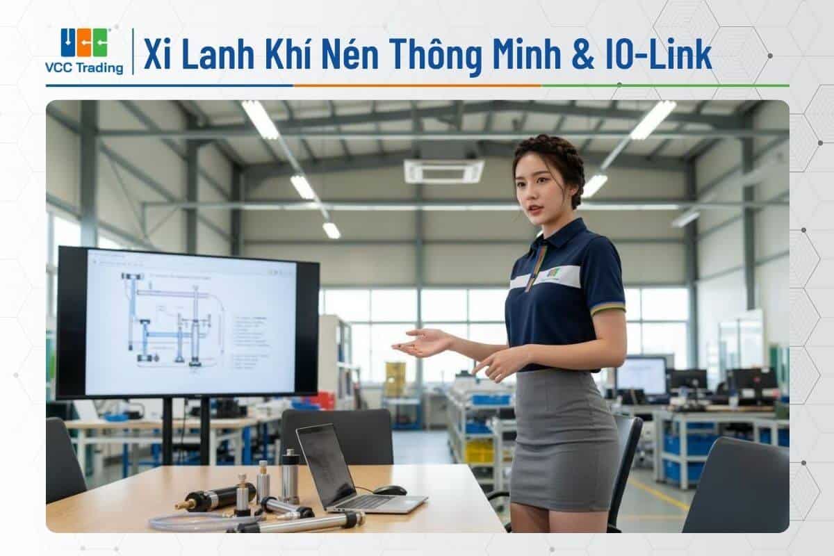 Nữ chuyên viên tư vấn giải pháp tự động hóa đang phân tích dữ liệu bảo trì dự đoán của xi lanh khí nén.