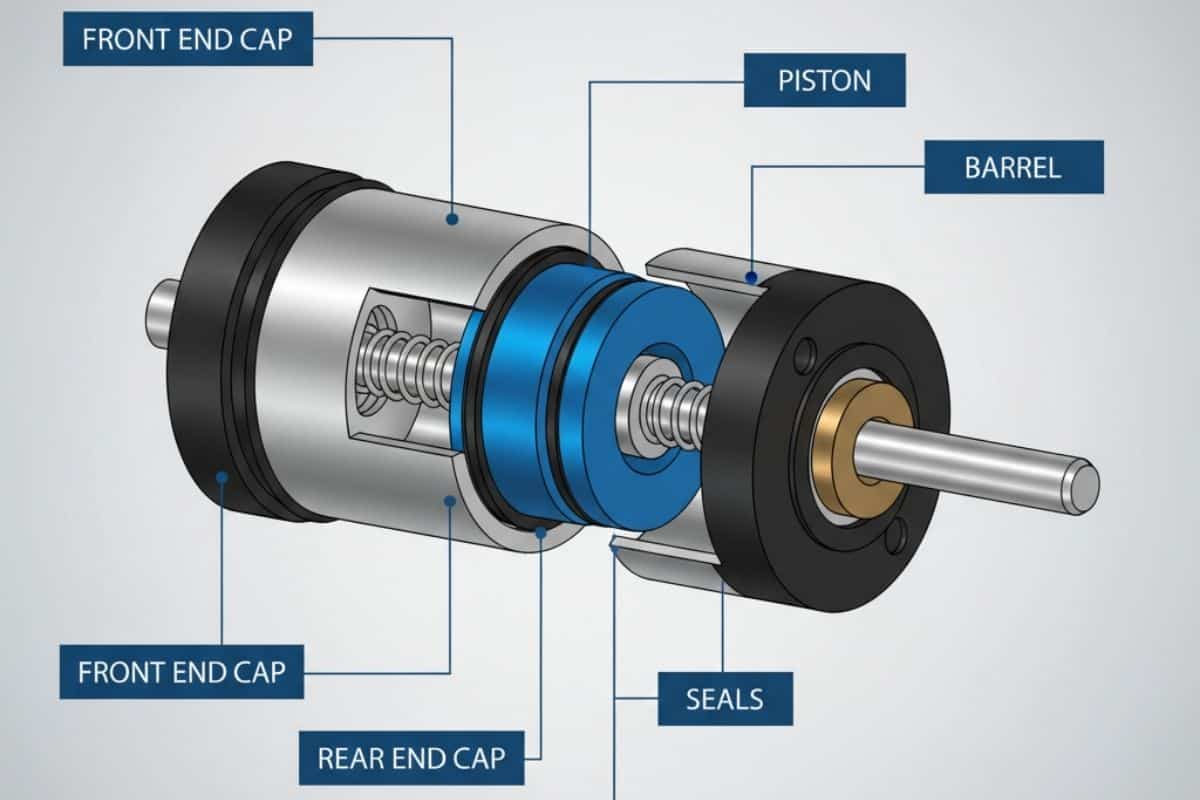 Cấu tạo chi tiết bên trong của xi lanh thân tròn khí nén với piston, trục và phớt làm kín.