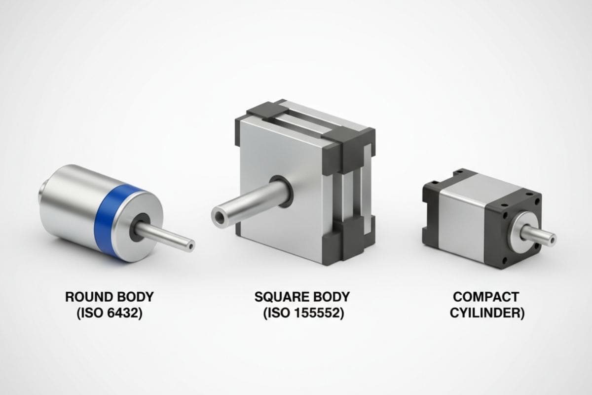So sánh thiết kế của xi lanh thân tròn, xi lanh vuông và xi lanh compact.