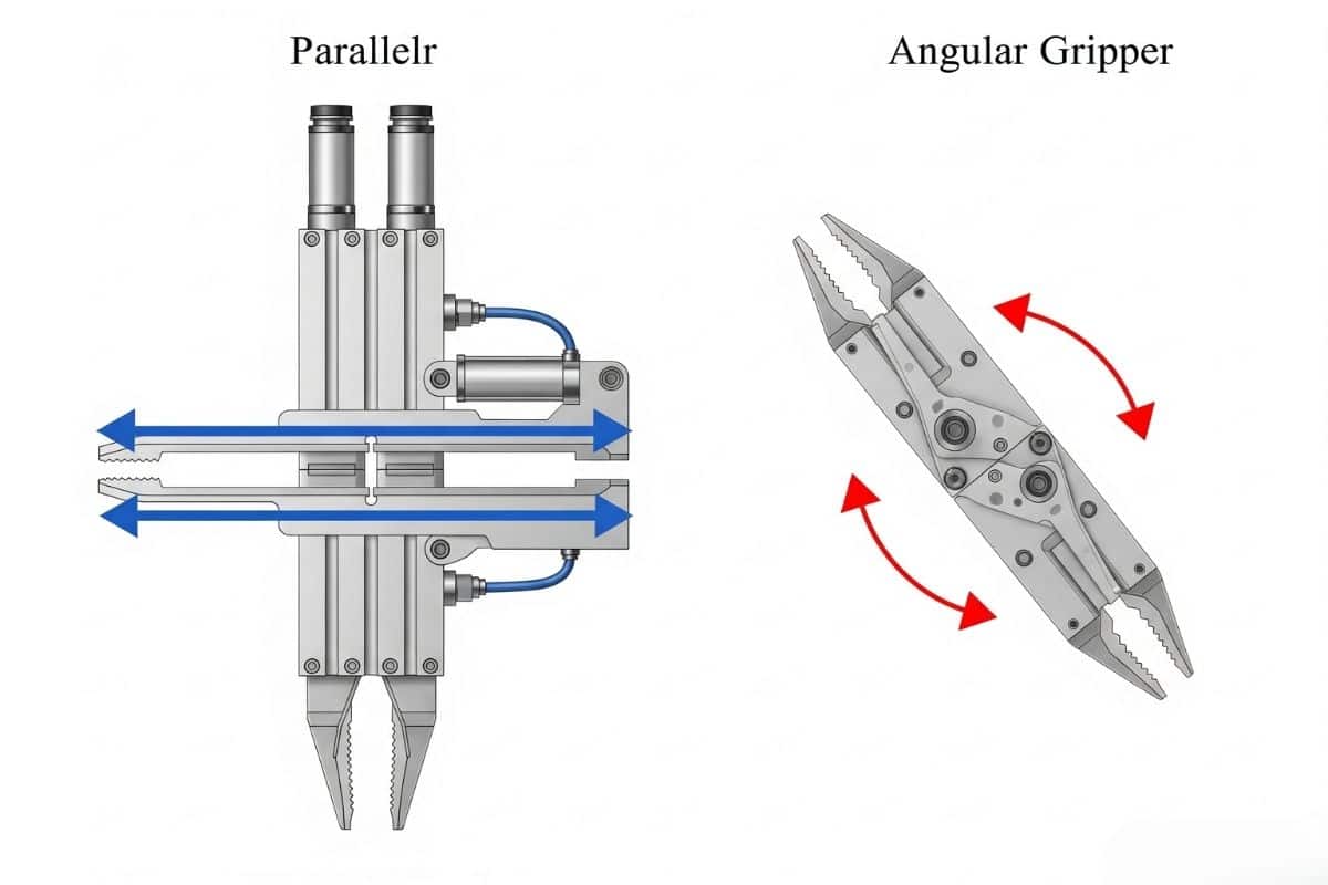 Minh họa hai loại xi lanh kẹp khí nén phổ biến: kẹp song song và kẹp góc.