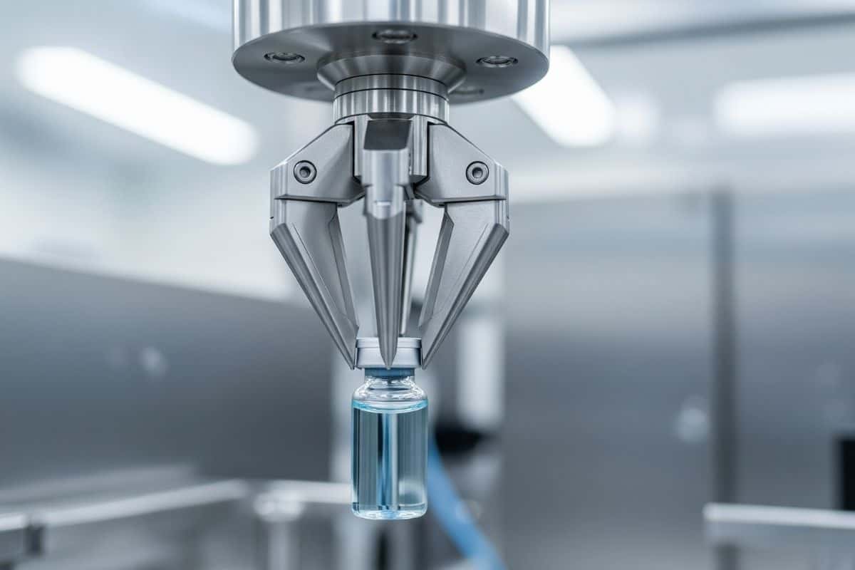 Cận cảnh một xi lanh kẹp 3 chấu đang gắp một lọ thuốc nhỏ trong dây chuyền dược phẩm.