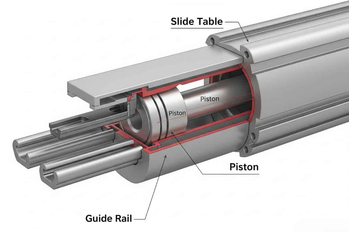 Sơ đồ 3D chi tiết cấu tạo của xi lanh trượt khí nén, thể hiện rõ bàn trượt, piston và ray dẫn hướng.