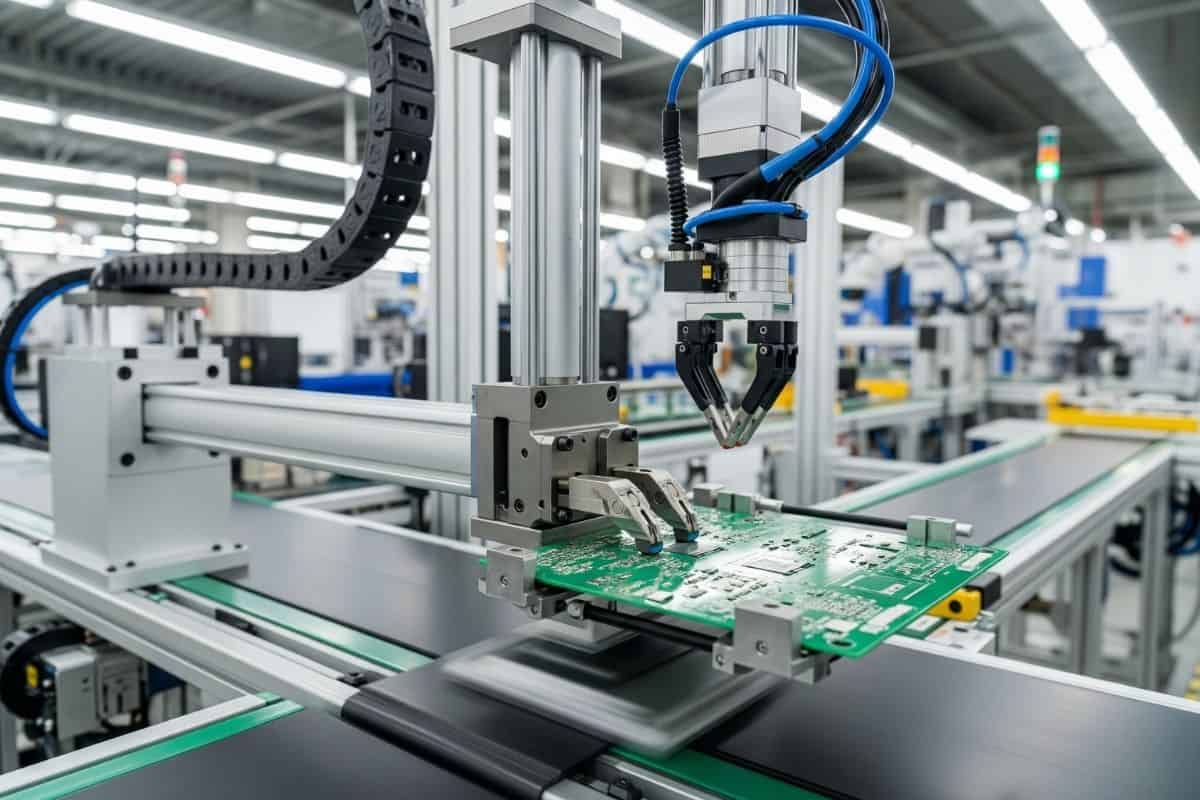 Hình ảnh xi lanh trượt khí nén đang định vị một bo mạch điện tử (PCB) trên dây chuyền lắp ráp tự động.