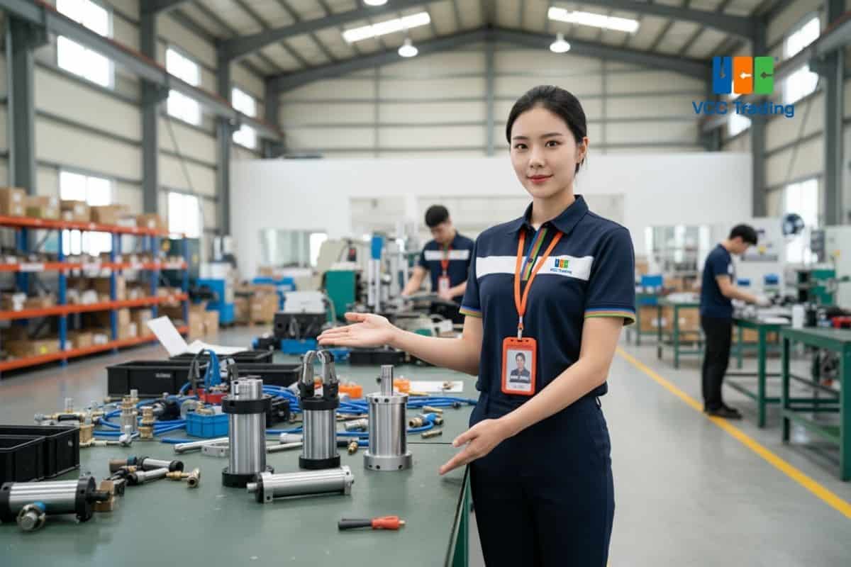 Nữ kỹ sư đang phân loại các loại xi lanh trượt, kẹp, quay khí nén